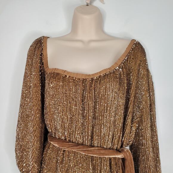 Retrofete Giselle Tie Waist Mini Dress Taupe Bronze Beaded Sequins Heavy XXL - Picture 6 of 11